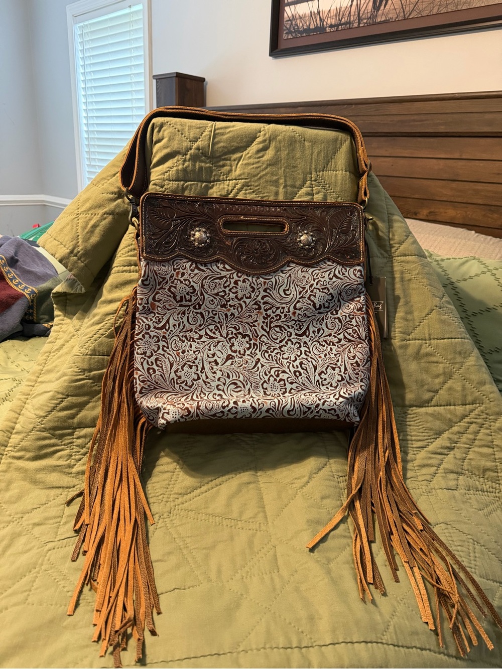 Myra Bag Brown Tan Floral Tooled Leather Fringe Crossbody